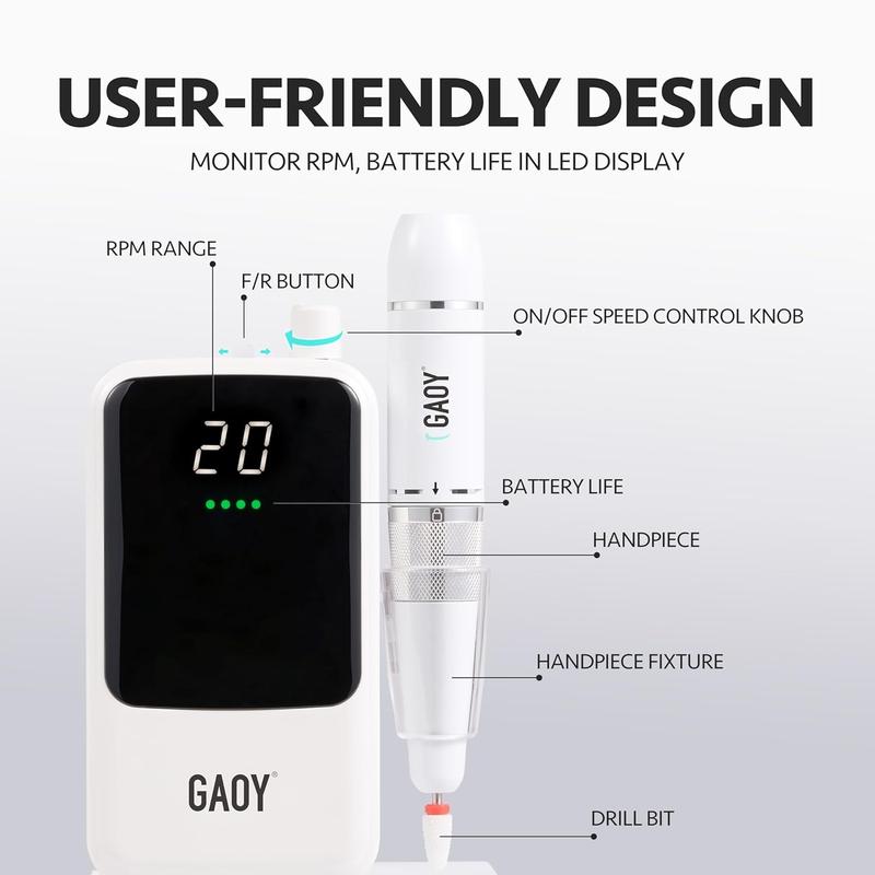 GAOY Rechargeable Cordless Nail Drill, Electric Nail File Efile with 12 Nail Drill Bits for Acrylic and Gel Nails, White