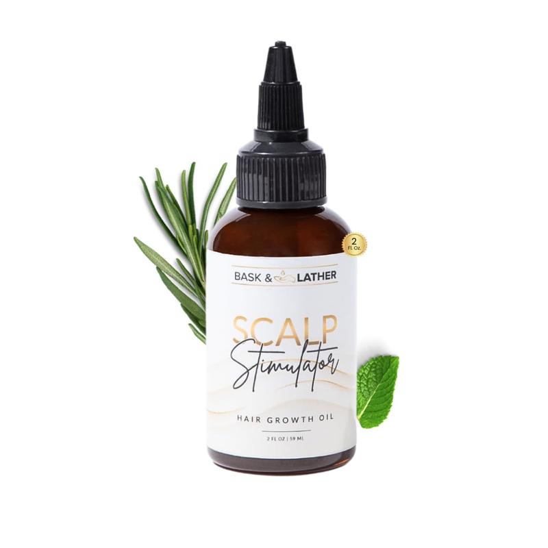 Bask & Lather Scalp Stimulator Hair Growth Oil Stocking Stuffer, Cold Pressed Oils Including Mint and Rosemary Oil for Hair Growth, Grapeseed Oil, Organic Natural Hair Oil, All Hair Types, 2 Fl Oz