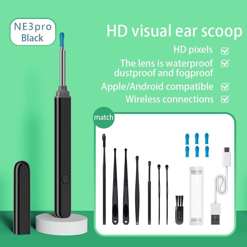 NE3 Visual Ear Wax Removal Kit Earwax Cleaner with 1296P Camera and 6 LED Warm Lights Waterproof Compatible with iPhone and Android (Black&White)