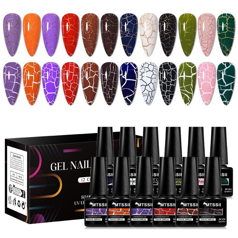 Crackle Gel Nail Polish Set, 12pcs set Quickly Dry Cracking Nail Lacquer, Soak Off Nail Art Varnish, Hybrid Semi Permanent Base Top Coat