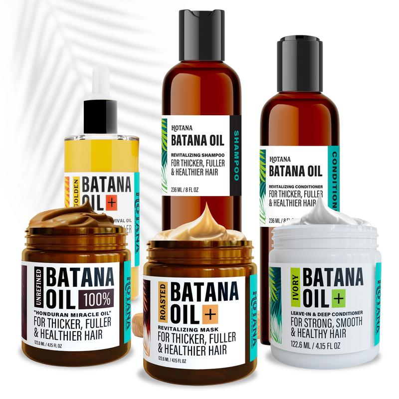 Hotana Ultimate Batana Oil Bundle - Unrefined, Golden, Roasted Hair Mask, Ivory Leave-In, Revitalizing Shampoo & Conditioner - Gentle Haircare for Extreme Hydration