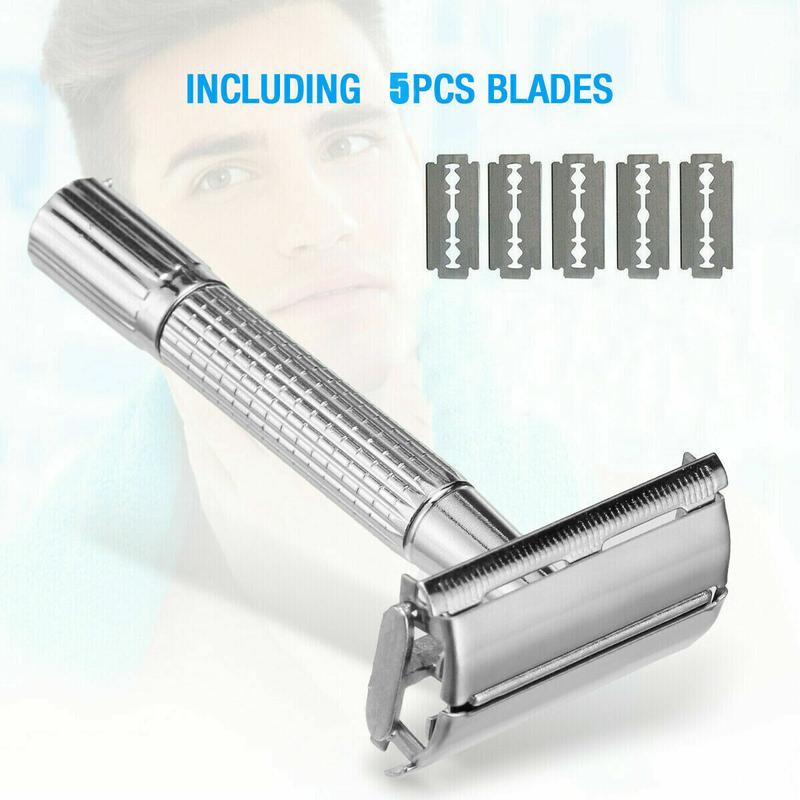 Men's Classic Traditional Chrome Double Edge Safety Razor with 5 Comfort Blades for Smooth Shaving