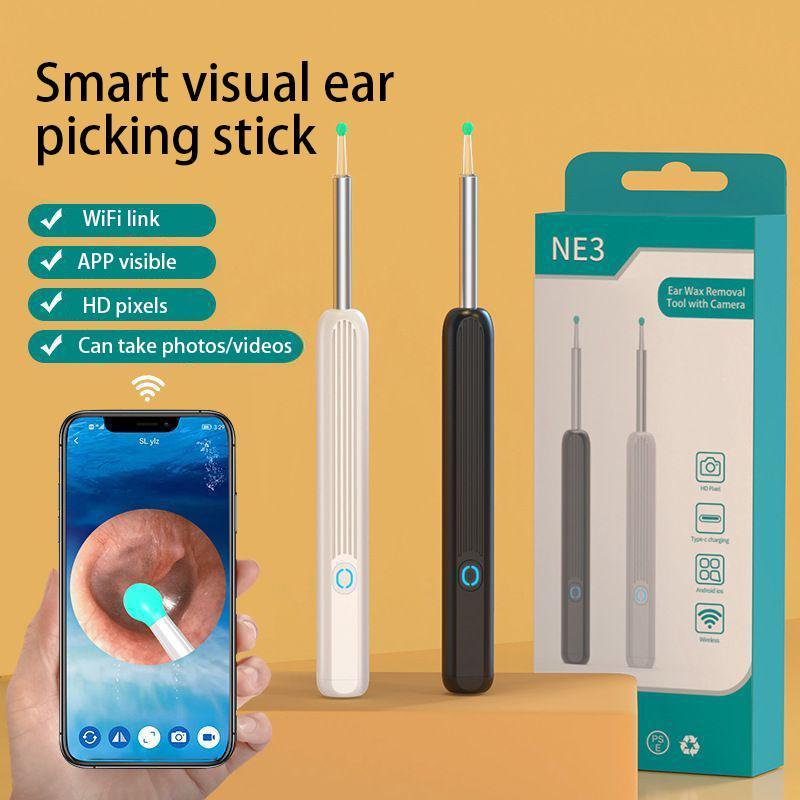 NE3 Visual Ear Wax Removal Kit Earwax Cleaner with 1296P Camera and 6 LED Warm Lights Waterproof Compatible with iPhone and Android (Black&White)