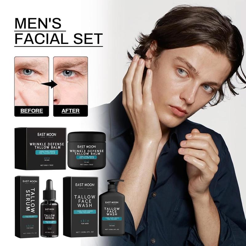 Men's Facial Skincare Set - Mens Face Care Set(Tallow Cream + Tallow Night Serum + Tallow Face Wash) Comfort Skin Repair