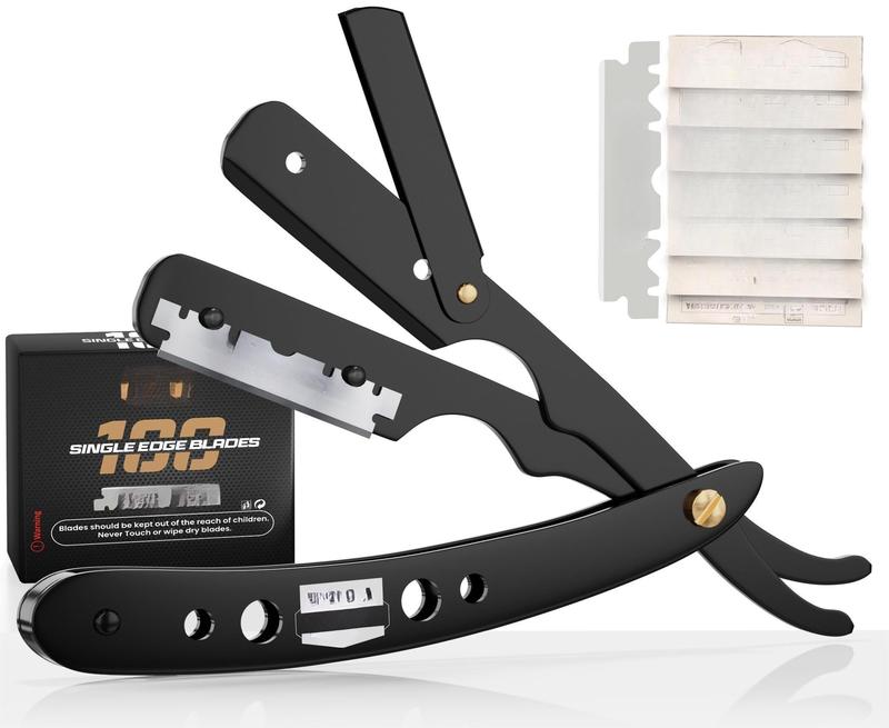 Professional Haircut Straight Edge Razor, Safety, with 100 Blades - Stainless Steel (Black)