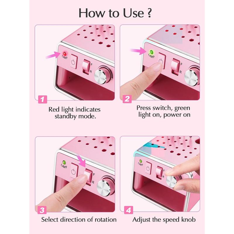 Drill Machine Electric File, Portable for  Gel Dip Powder Nails,  Drill Kit for Manicure Pedicure,  Set with Everything, Purple Pink