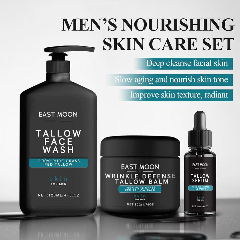 Men's Facial Skincare Set - Mens Face Care Set(Tallow Cream + Tallow Night Serum + Tallow Face Wash) Comfort Skin Repair