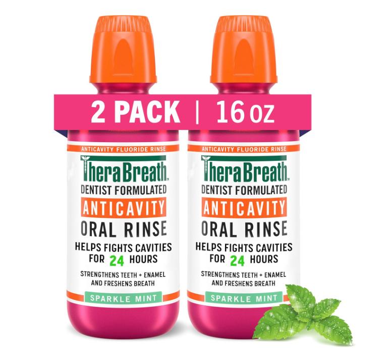 TheraBreath Anticavity Fluoride Mouthwash, Sparkle Mint, Dentist Formulated, 16 Fl Oz (2-Pack). Oral