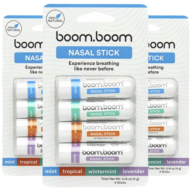 Nasal Stick (4Pack) boom boom stick nasal sticks Oral Comfort Cleansing (4Pack) - Enhance Breathing + Boost Focus - Breathe Vapor Stick Provides Fresh Cooling Sensation- Aromatherapy Inhaler with Essential Oils + Menthol (Mint, Wintermint, Tropical)