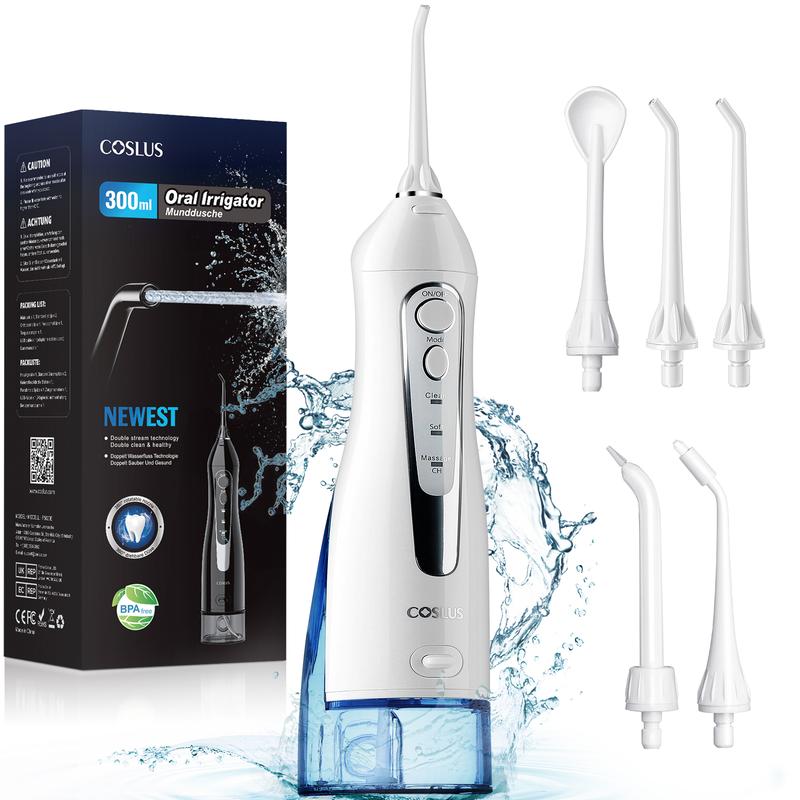 COSLUS Water Dental Flosser, 5 Replacement Heads, 4 Modes, 300ML Tank, 30 Day Battery Life, IPX7 Waterproof, Health and Oral Freshness, Home&Travel, Gift