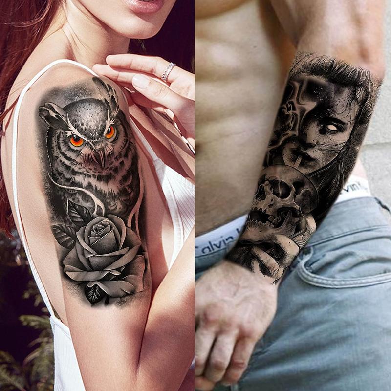 68 Sheets Large Half Arm Sleeve Temporary Tattoos For Men Women Forearm, Tribal Wolf Tiger Lion Owl  Temp    Stickers Adults, Black Realistic  Flower Rose