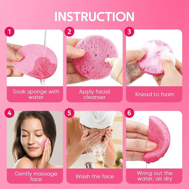 50-Count Compressed Facial Sponges for Daily Facial Cleansing and Exfoliating, 100％ Natural Cosmetic Spa Sponges for Makeup Remover, Reusable, Pink , Pack of 50 Cleanser Foam Cream Gentle