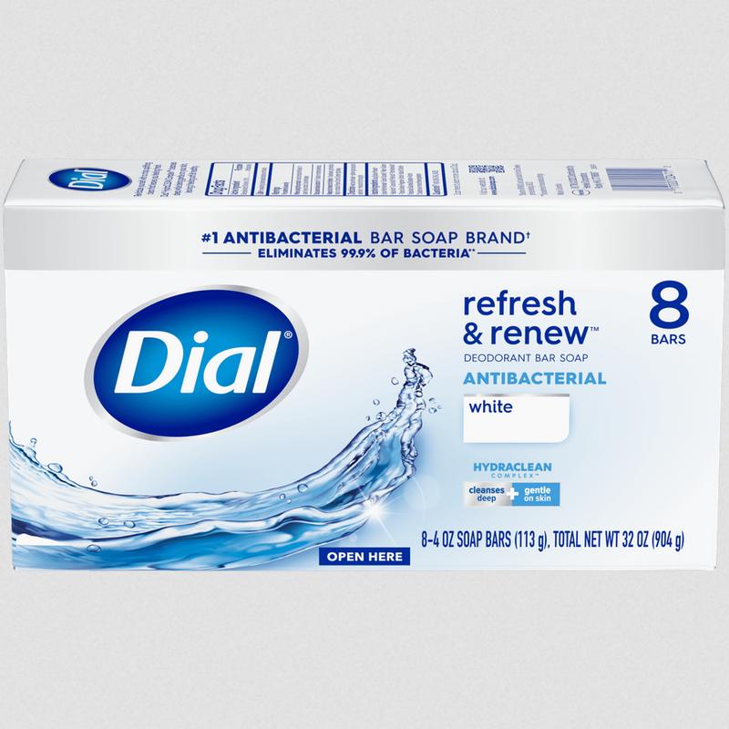 Dial Antibacterial Bar Soap, Refresh & Renew, White, 4 oz, 8 Bars (PREESHIP)