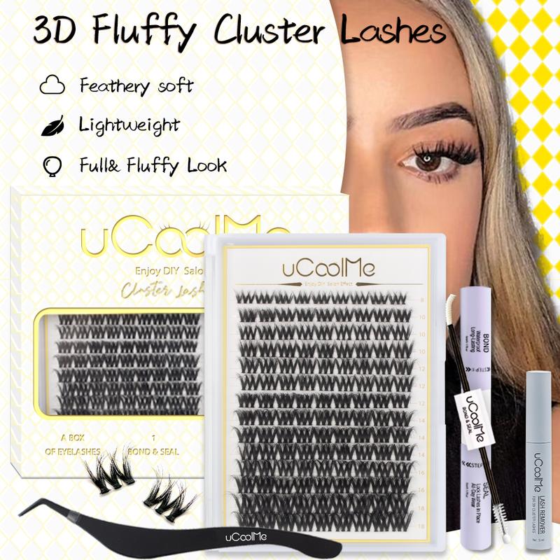 uCoolMe 3D Fluffy Lashes Kit with Clear Bond Cluster Eyelash Extensions Wispy Eyelashes Volume Look With Long Lasting D Curl Cluster Lashes Makeup Beginner Friendly Easy Apply Waterproof Lashes For Girls | Ecolifelike Style Eyelashes Extensions