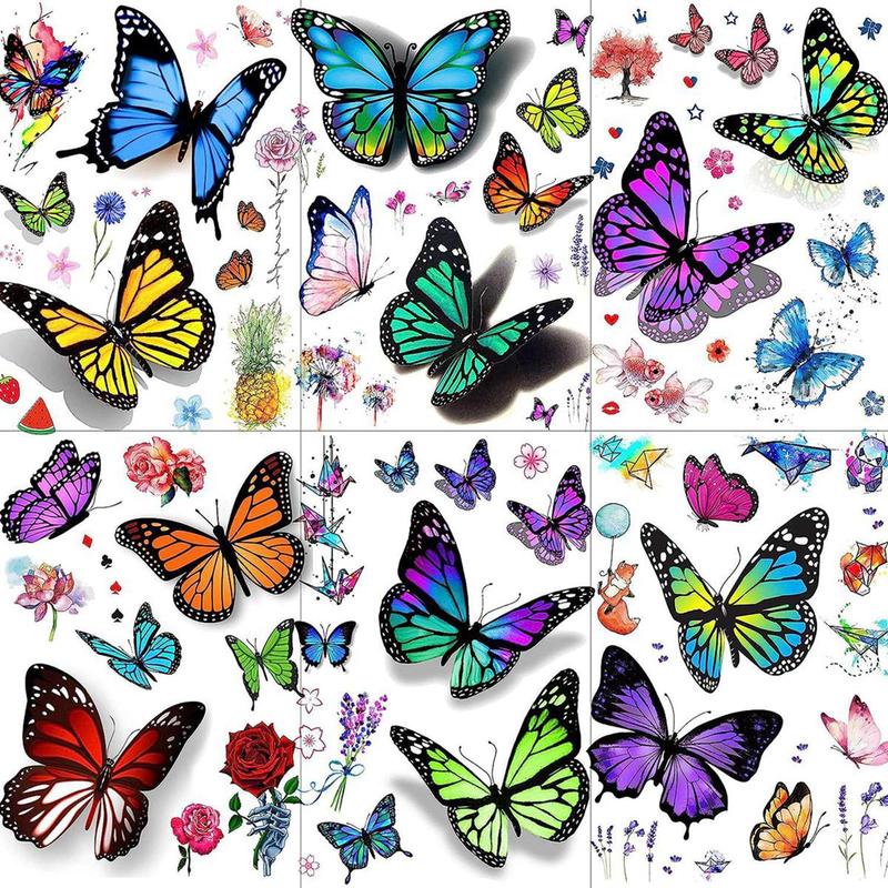 Butterfly Pattern Temporary Tattoo Sticker, 6 Counts 3d Realistic Tattoo Decal for Arm & Back, Body Tattoos, Face Paint Stickers, Colorful Body Art Sticker for Women & Girls