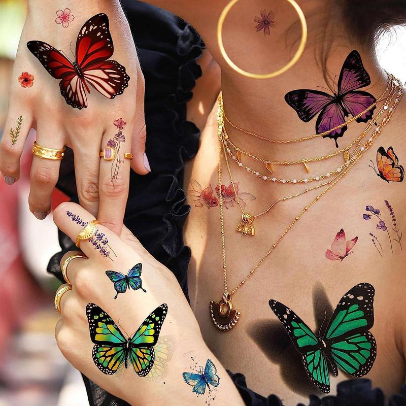 Butterfly Pattern Temporary Tattoo Sticker, 6 Counts 3d Realistic Tattoo Decal for Arm & Back, Body Tattoos, Face Paint Stickers, Colorful Body Art Sticker for Women & Girls