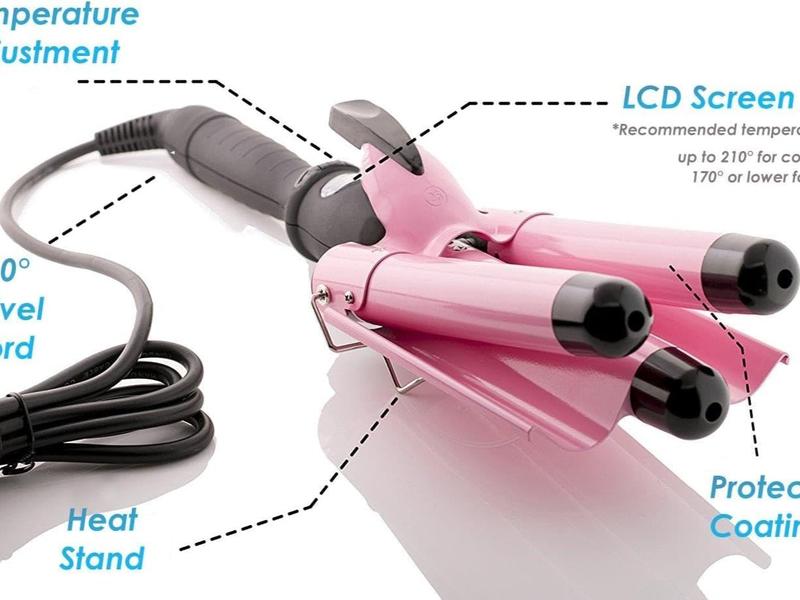 3 Barrel Hair Waver for Beachy Frizz-Free Waves w LCD Temperature Display - 1 Inch Ceramic Tourmaline Triple Barrels, Dual Voltage Crimping Tool