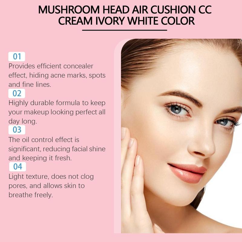 Mushroom Head Air Cushion CC Cream, 1 Box Long Lasting Moisturizing Concealer Foundation with Mushroom Sponge, Makeup Product for Women & Girls