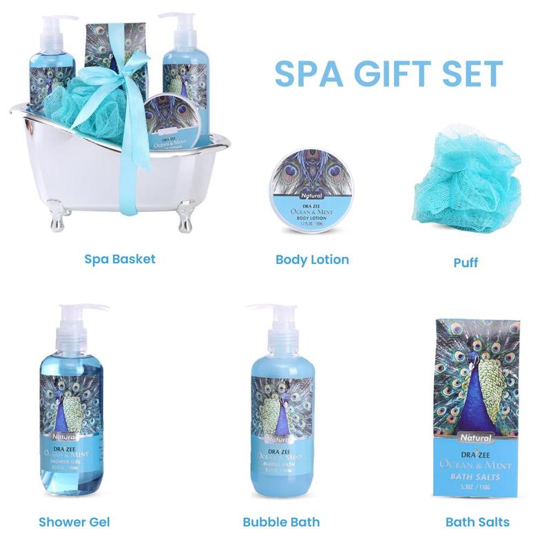 Draizee Spa Gift Basket for Women with Refreshing “Ocean Mint” Fragrance, Luxury Skin Care Set Includes 100% Natural Shower Gel, Bubble Bath, Body Lotion, Bath Salt and Much More – No.1 Best Gift for Mom, Wife, Girlfriend, Gift for Mother's Day, Christmas