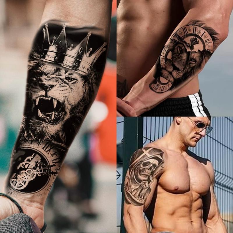 68 Sheets Waterproof Temporary Tattoo, Realistic Long Lasting Animals & Flower Designs, Wolf, Tiger, Lion,Owl, Skeleton Skull -Perfect forHalloween