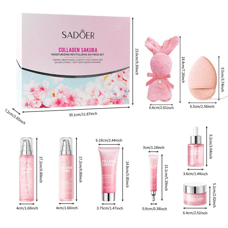 Sakura Collagen Moisturizing Skin Care Kit (8 Counts set), Including Facial Cleanser, Toner, Eye Cream, Face Cream, Serum, Lotion, Towel, Cleansing Puff