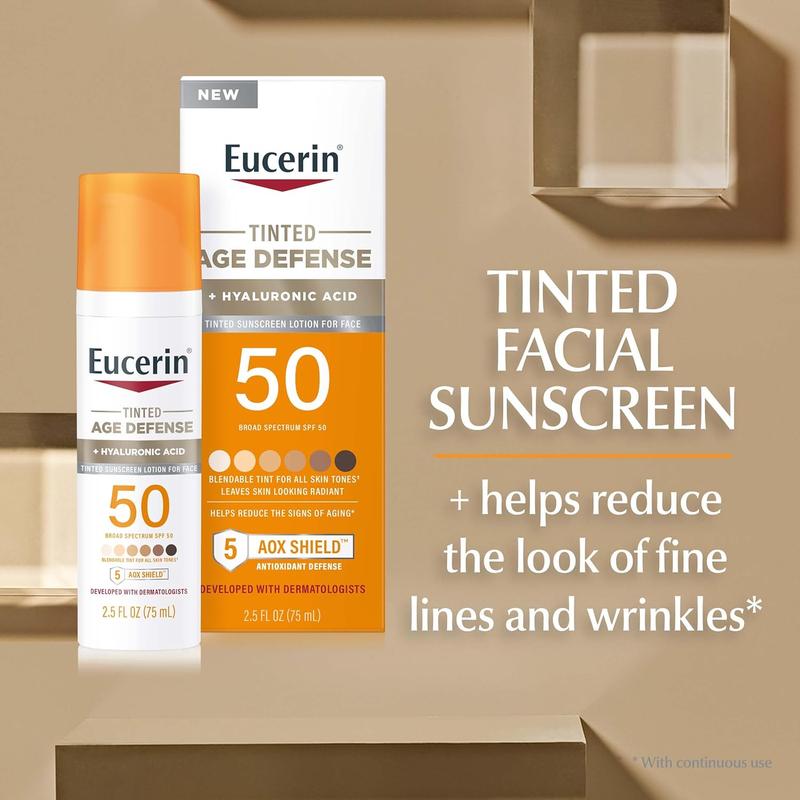 Eucerin Sun Tinted Age Defense SPF 50 Face Sunscreen Lotion, Hypoallergenic, Fragrance Free Tinted Sunscreen SPF 50 with Hyaluronic Acid, 2.5 Fl Oz Bottle No brand