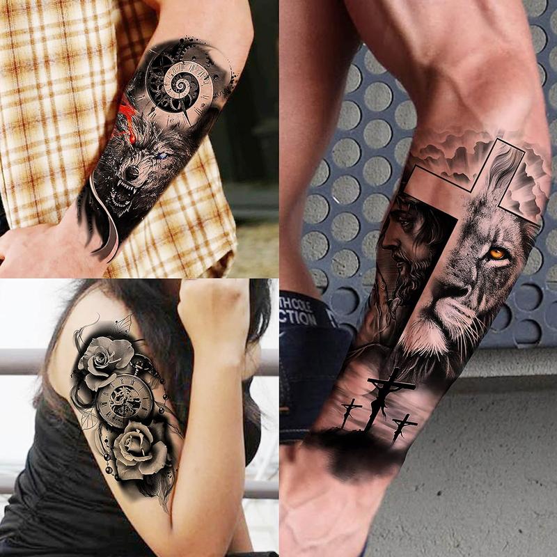 68 Sheets Large Half Arm Sleeve Temporary Tattoos For Men Women Forearm, Tribal Wolf Tiger Lion Owl  Temp    Stickers Adults, Black Realistic  Flower Rose