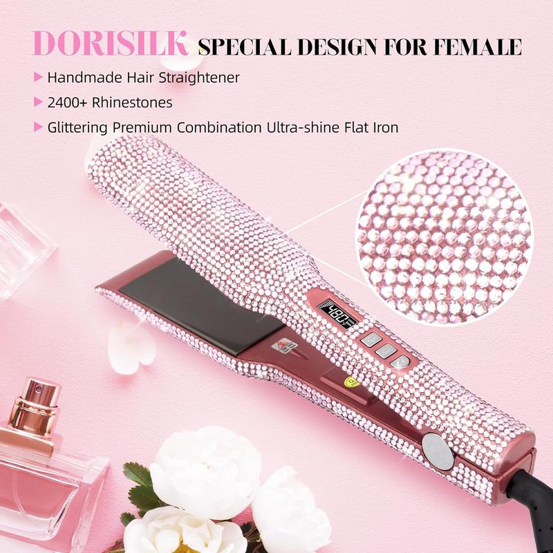 Titanium Flat Iron Rhinestone 480°F High Temp Hair Straightener Curler 2 Inch Salon Professional Dual Voltage Bling Glitter