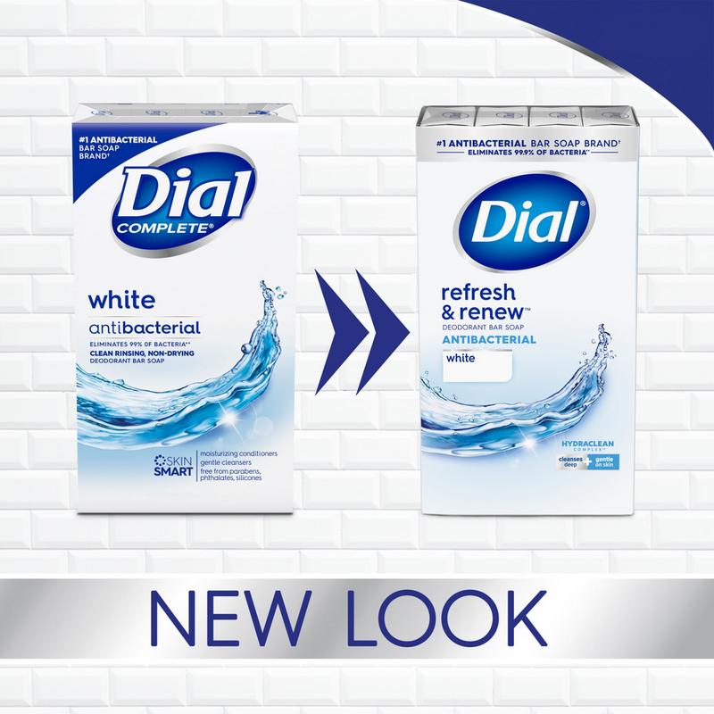 Dial Antibacterial Bar Soap, Refresh & Renew, White, 4 oz, 8 Bars (PREESHIP)