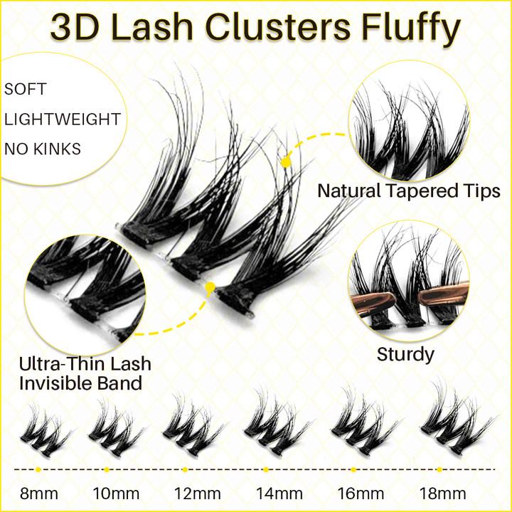 uCoolMe 3D Fluffy Lashes Kit with Clear Bond Cluster Eyelash Extensions Wispy Eyelashes Volume Look With Long Lasting D Curl Cluster Lashes Makeup Beginner Friendly Easy Apply Waterproof Lashes For Girls | Ecolifelike Style Eyelashes Extensions