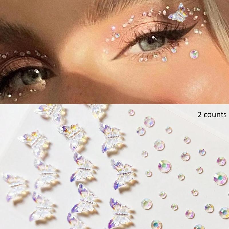 3D Butterfly Imitation Rhinestone Decorative Sticker, 2 Counts Colorful Princess Style Firm and Not Hurt The Skin Face Sticker, Suitable for Party Makeup