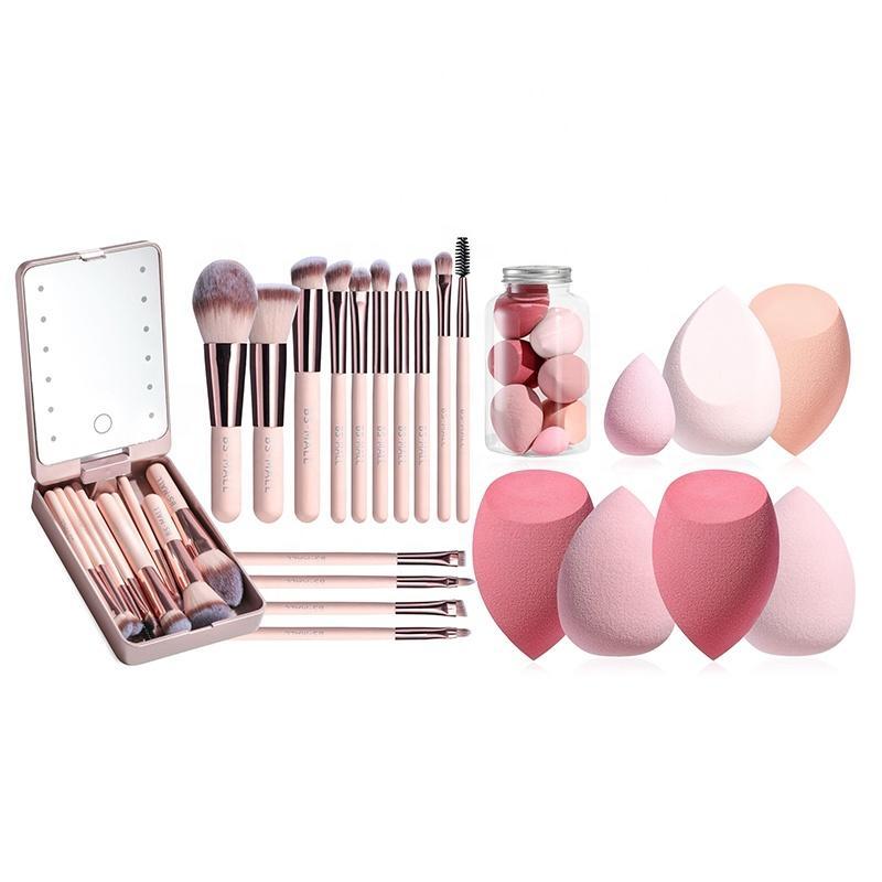 BS-MALL All in One Makeup Tool Kit LED Mirror Case Makeup Brushes Set 7PCS Non Latex Makeup Sponge Set Cosmetic