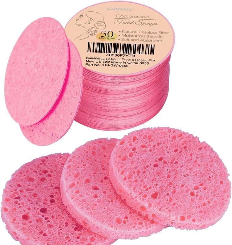 50-Count Compressed Facial Sponges for Daily Facial Cleansing and Exfoliating, 100％ Natural Cosmetic Spa Sponges for Makeup Remover, Reusable, Pink , Pack of 50 Cleanser Foam Cream Gentle