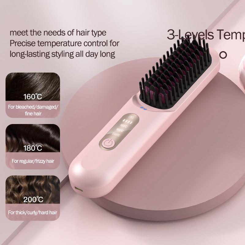 Hair Straightener Brush, Ring Anti-Scald Hair Straightener Comb Straightening Brush for Women with 3 Temps 20s Fast Heating & Dual Voltage, Pink