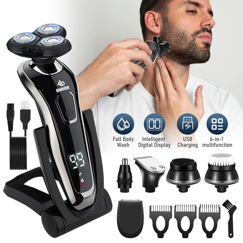 6 IN 1 Electric Shaver Wet & Dry Men's Grooming Kit Trimmer Bald Head Razor, Electric Razor with Nose Hair Sideburns Trimmer, IPX6 Waterproof Beard Trimmer, Rotary Shaver, Wet Dry Mens Grooming Kit, LED Display, USB Rechargeable, Gifts for Men