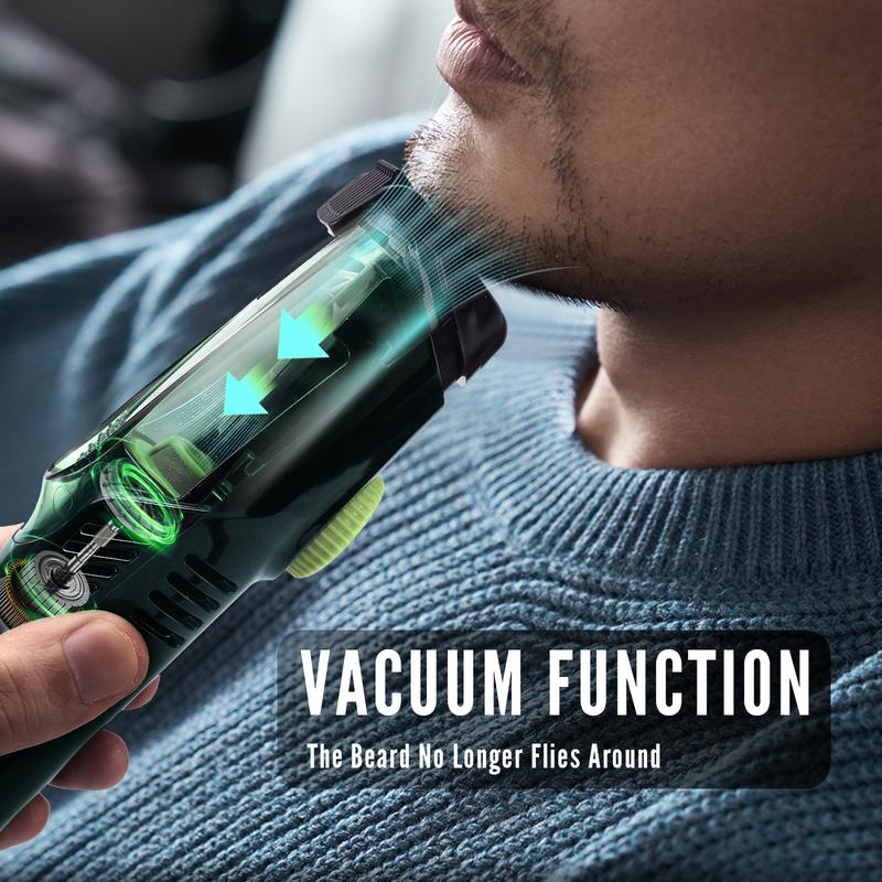 [Black Friday]For your Boys Vacuum Beard Shaver for Men, VAAGHANM Mustache Trimmer with 20 Length and Styles Adjustable, Built-in Vacuum Trimmer for Mustache, Sideburns, Facial Hair, Rechargeable, IPX6 Waterproof, 2 Comb, Best gift for men!