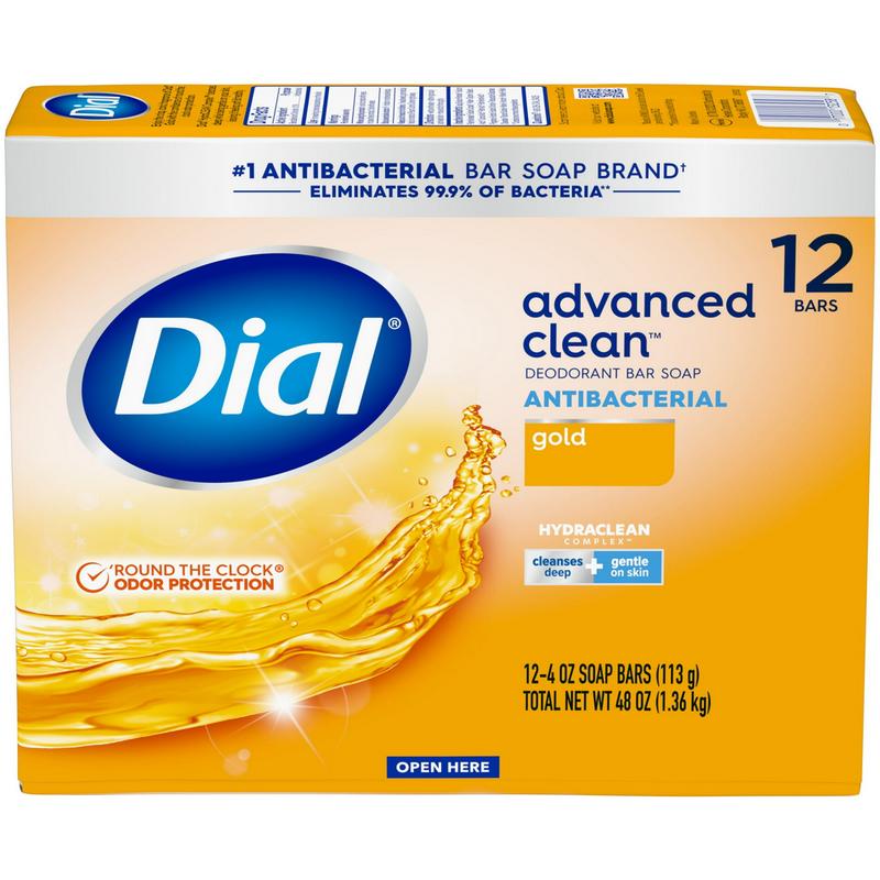 Dial Antibacterial Deodorant Bar Soap, Advanced Clean, Gold, 4 oz, 12 Bars (PREESHIP)