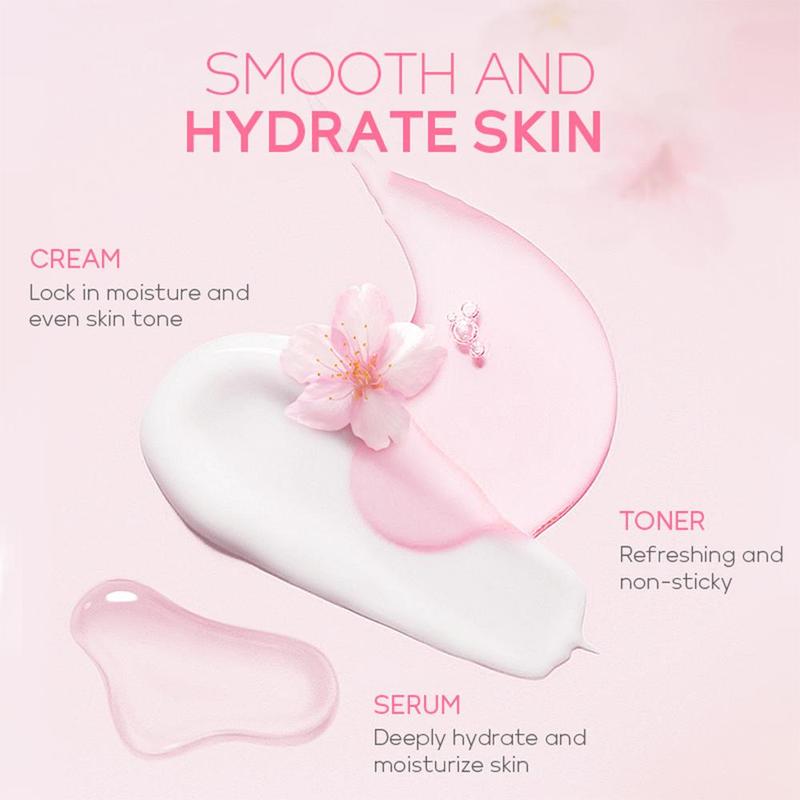 Sakura Collagen Moisturizing Skin Care Kit (8 Counts set), Including Facial Cleanser, Toner, Eye Cream, Face Cream, Serum, Lotion, Towel, Cleansing Puff