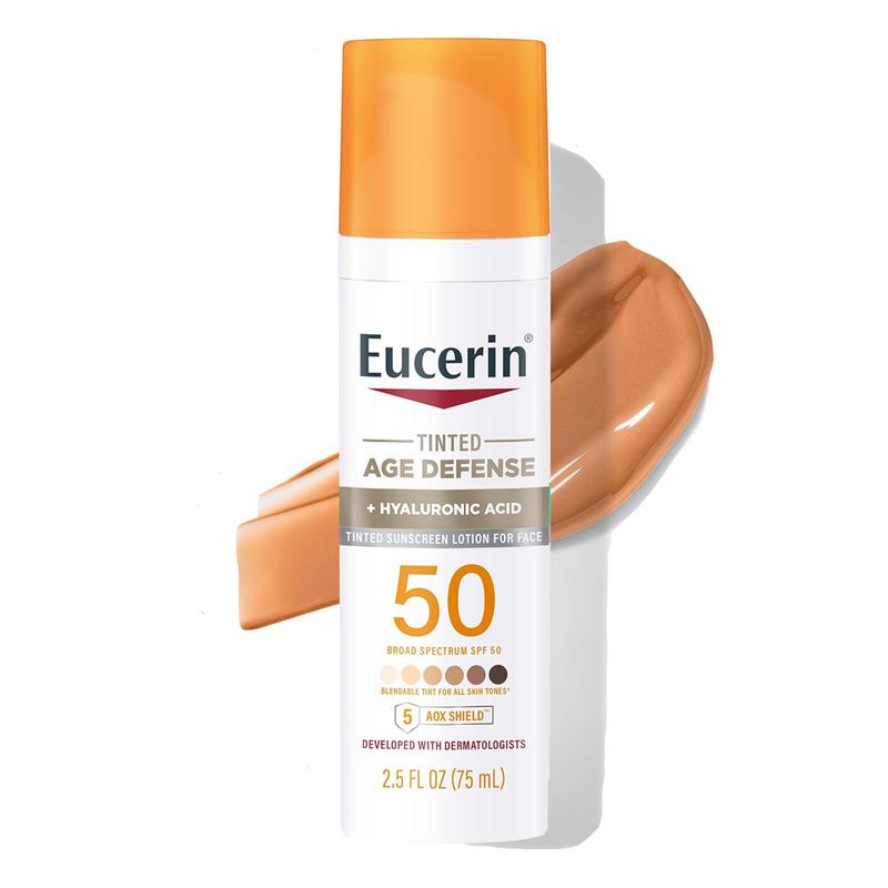 Eucerin Sun Tinted Age Defense SPF 50 Face Sunscreen Lotion, Hypoallergenic, Fragrance Free Tinted Sunscreen SPF 50 with Hyaluronic Acid, 2.5 Fl Oz Bottle No brand