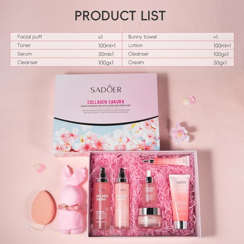 Sakura Collagen Moisturizing Skin Care Kit (8 Counts set), Including Facial Cleanser, Toner, Eye Cream, Face Cream, Serum, Lotion, Towel, Cleansing Puff