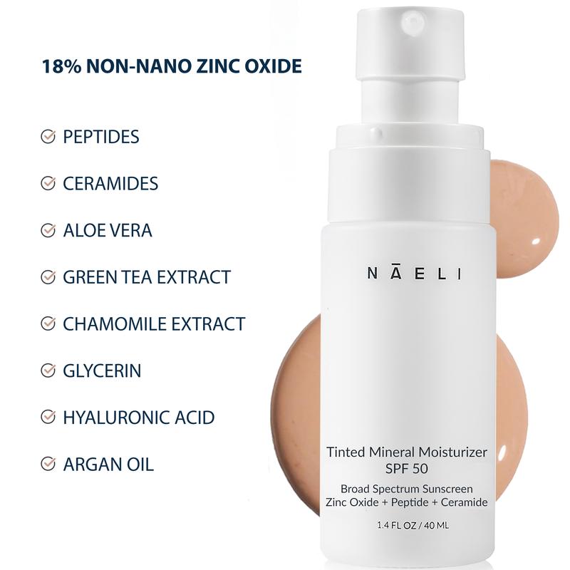 NAELI Anti Aging Tinted Moisturizer SPF 50, Mineral Sunscreen for Face with Zinc Oxide, Peptides & Ceramides, Natural Hydrating Universal Tint, 1.4 oz