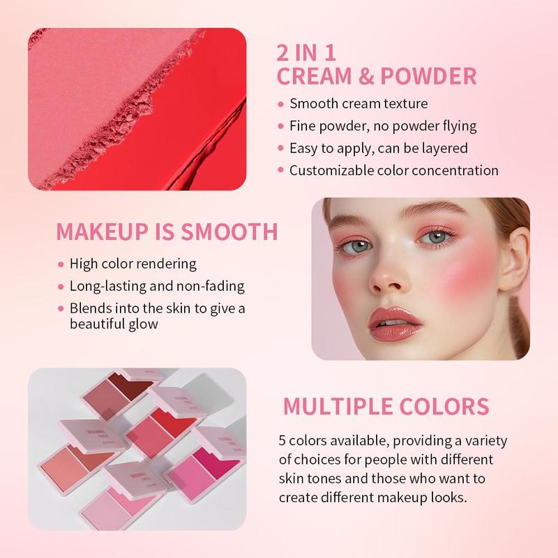 2 in 1 Cream & Powder Blush, 1 Count Long Lasting Waterproof Blusher, Silky Cream and Matte Powder Blush, High Pigment, Easy to Apply