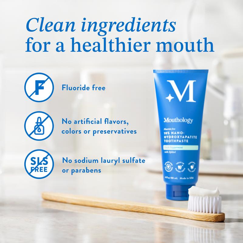 Mouthology Fluoride-Free 10% Nano Hydroxyapatite Toothpaste with Xylitol - Safe, Fluoride & SLS Free Formula for Natural Cavity Prevention to Repair & Remineralize Teeth. Non-Toxic Oral Care for Healthy Dental Hygiene without Harmful Chemicals.