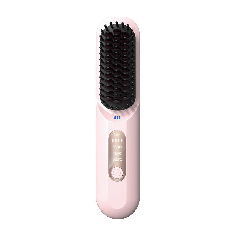 Hair Straightener Brush, Ring Anti-Scald Hair Straightener Comb Straightening Brush for Women with 3 Temps 20s Fast Heating & Dual Voltage, Pink