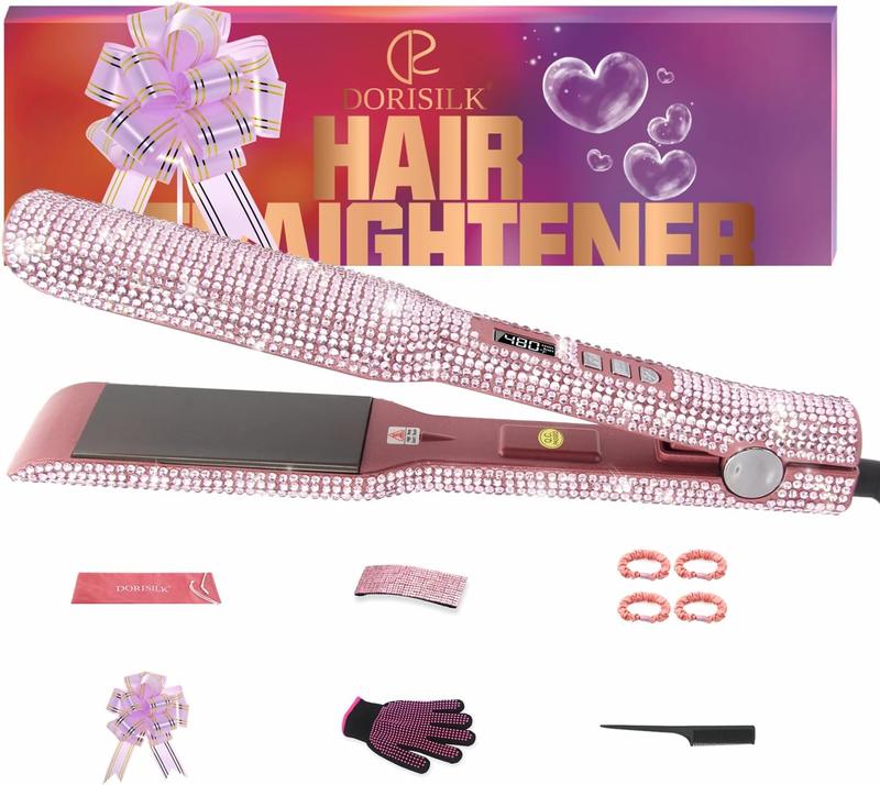 Titanium Flat Iron Rhinestone 480°F High Temp Hair Straightener Curler 2 Inch Salon Professional Dual Voltage Bling Glitter