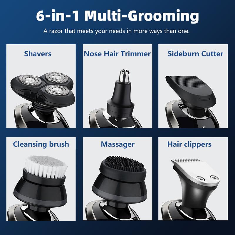 6 IN 1 Electric Shaver Wet & Dry Men's Grooming Kit Trimmer Bald Head Razor, Electric Razor with Nose Hair Sideburns Trimmer, IPX6 Waterproof Beard Trimmer, Rotary Shaver, Wet Dry Mens Grooming Kit, LED Display, USB Rechargeable, Gifts for Men