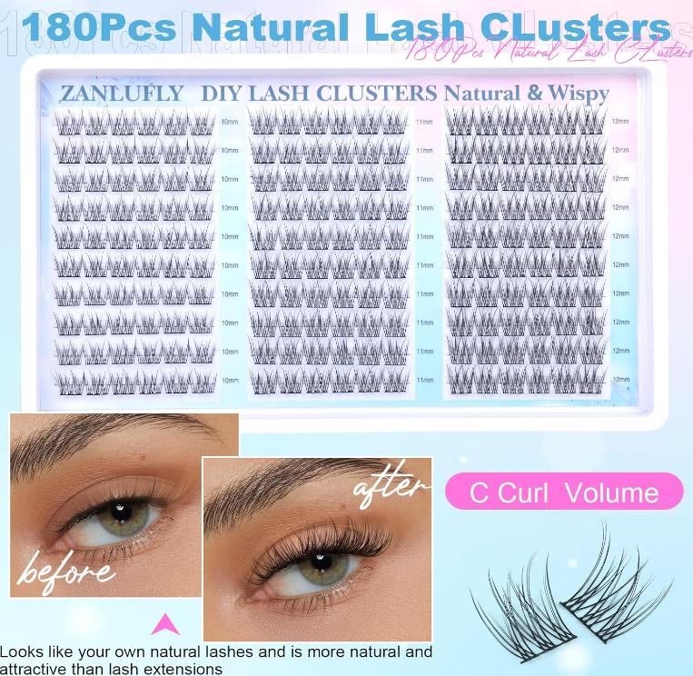 Lash Clusters Wispy Eyelash Clusters CC Curl Cluster Lashes zanlufly Natural Individual Lashes 180Pcs Eyelash Extension 10-12MM DIY Lash Extension