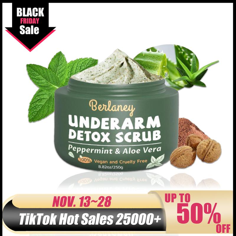 [Black Friday] Body Scrub and Armpit Detox Scrub 8.8 oz with Peppermint, Aloe Vera and Walnut Shell Powder, Underarm Scrub Helps on Removing Odor, Deep Cleanse, for Legs, Knee, Feet, Hands, Whole Body, Native Deodorant