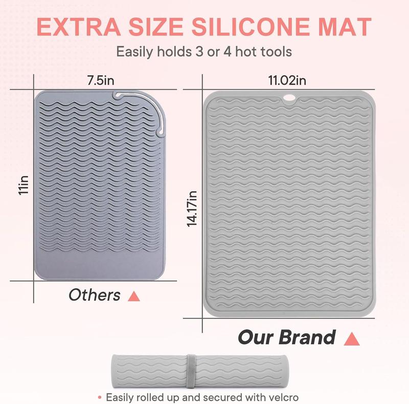 Oversize Silicone Heat Resistant Mat, Portable Travel Mat Cover with Velcro for Curling Irons, Flat Irons, Hair Straightener and Hot Hair Styling Tools(14.2