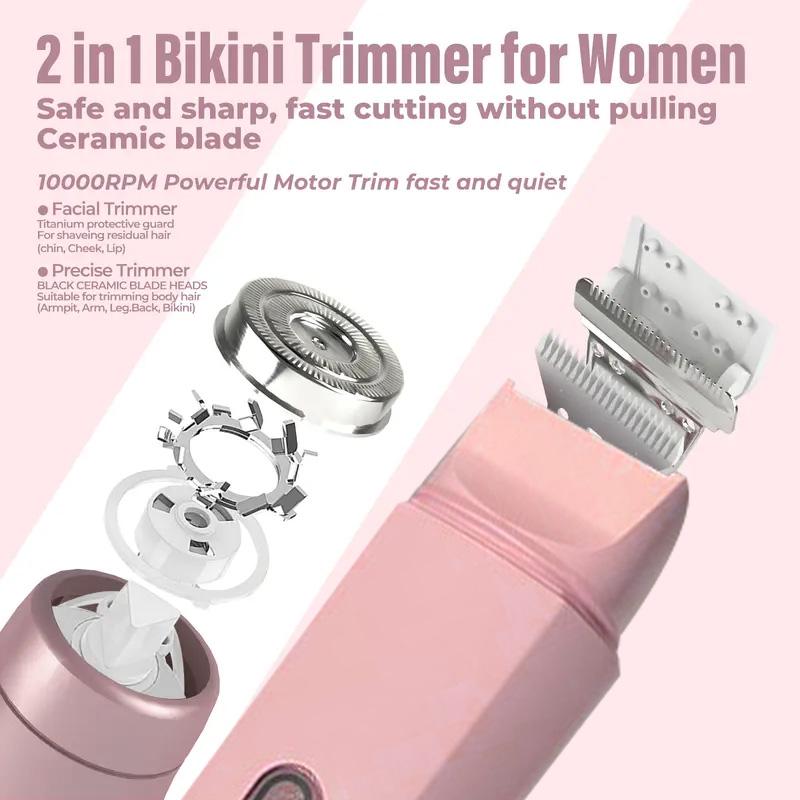 Bikini Trimmer for Women, USB Rechargeable Portable Electric Shaver And Razor Rechargeable 2-in-1 Body & Facial Epilator,Dual Heads for Painless Trimming of Sensitive Pubic Hair, Face, Underarms and Legs, Christmas Gift New Year Gift